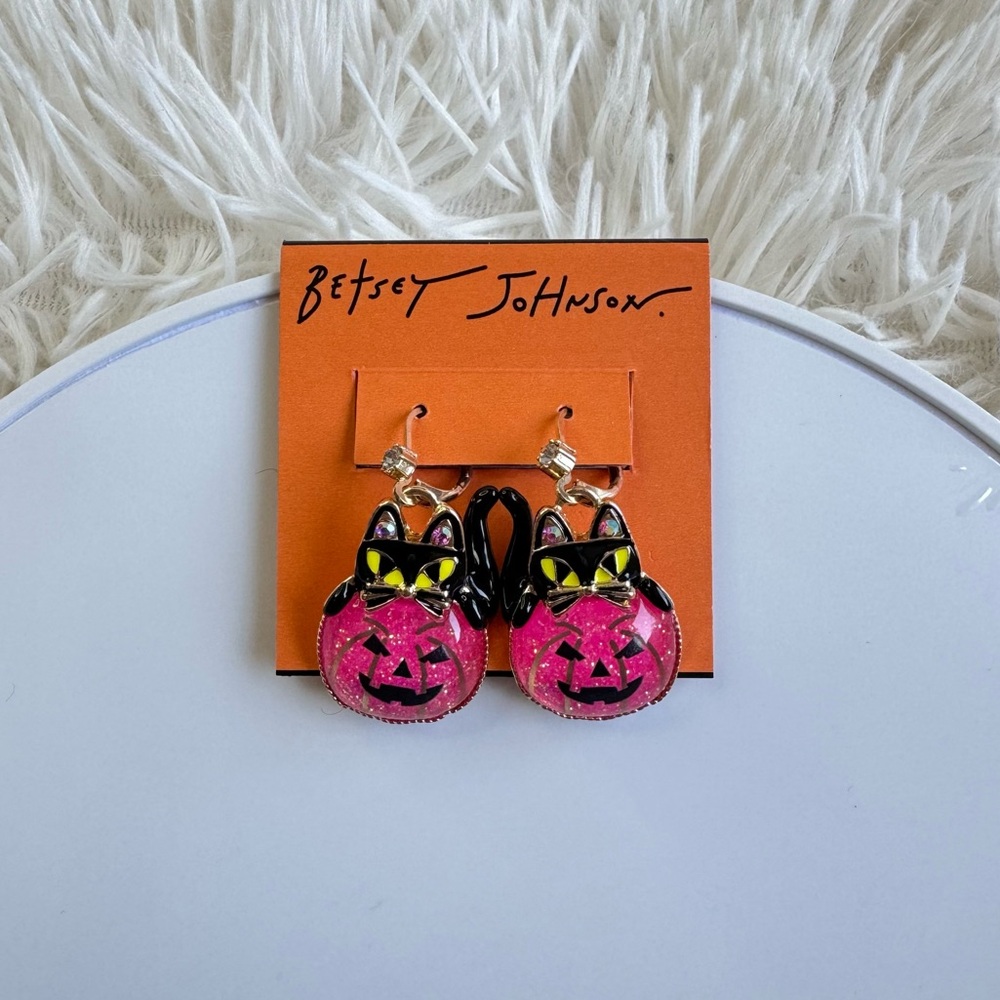 Betsey Johnson Rare Halloween Pink Pumpkin Black Cat Earrings